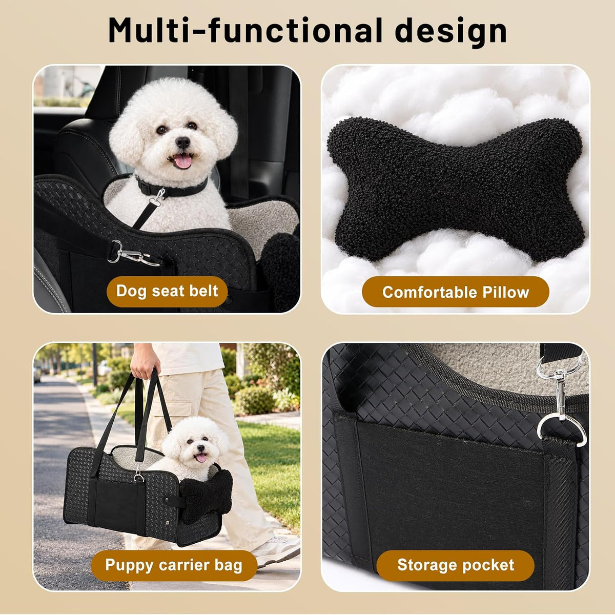 dog car seat for small dogs, center console showing dimensions