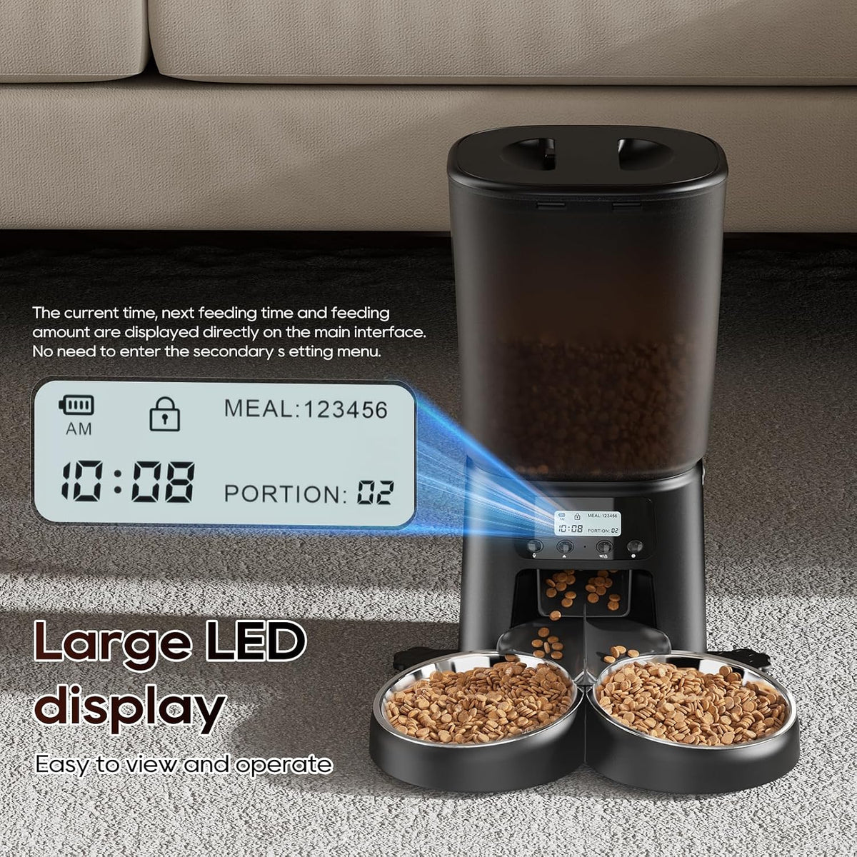 petrice automatic cat feeder for 2 cats, 6l/25 showing dimensions