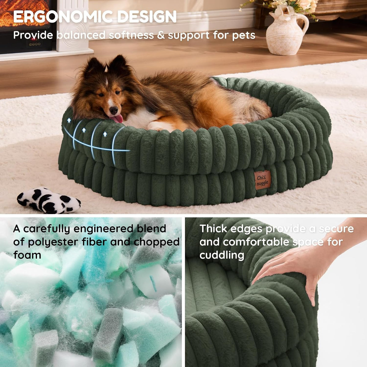 chixnuggle orthopedic dog bed, washable cover, faux fur showing dimensions