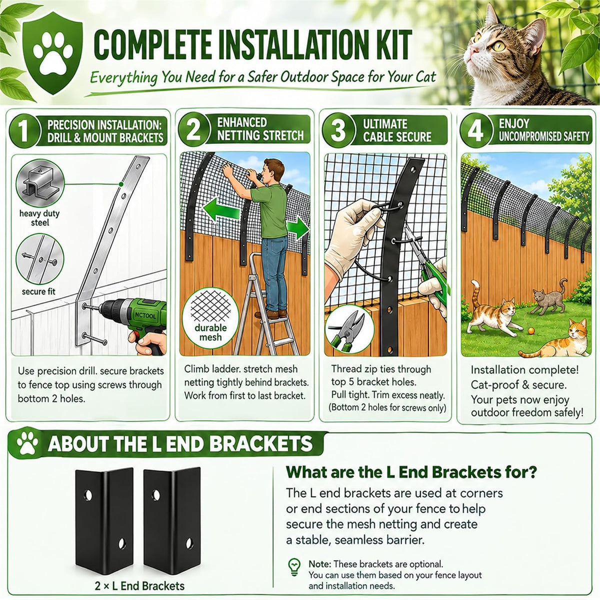 cat fence outdoor barrier 33ft with 8 kits showing dimensions