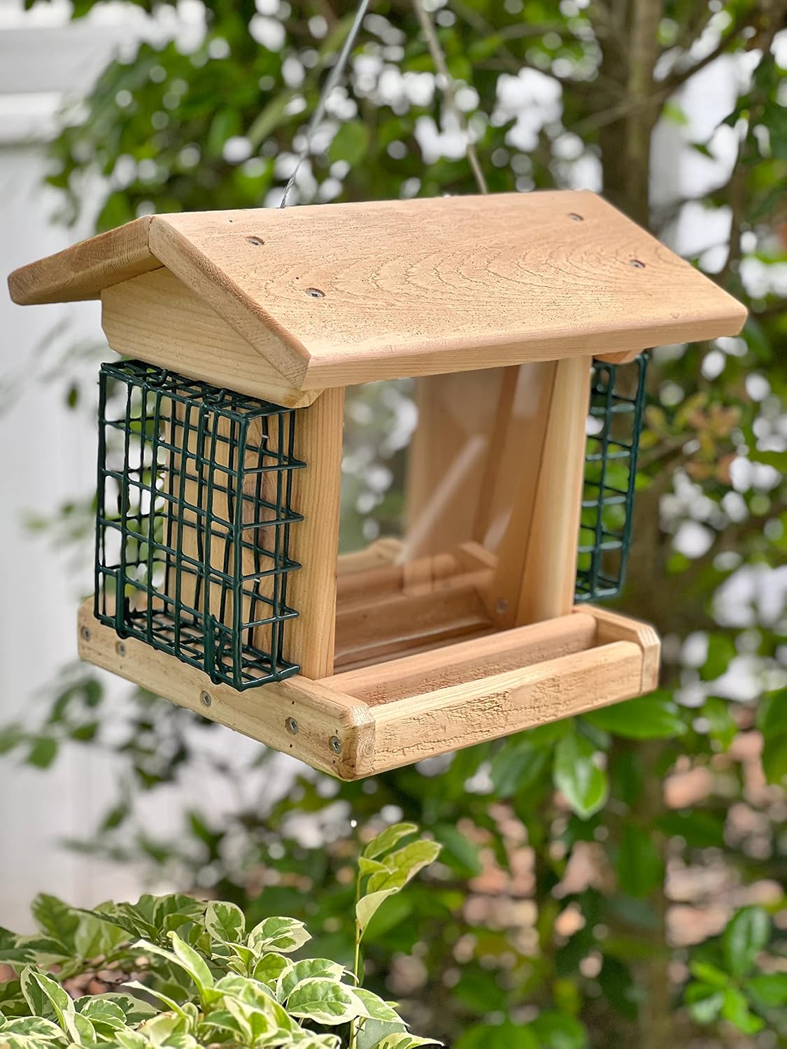 dutchcrafters large cedar wood hopper bird feeder with, side view
