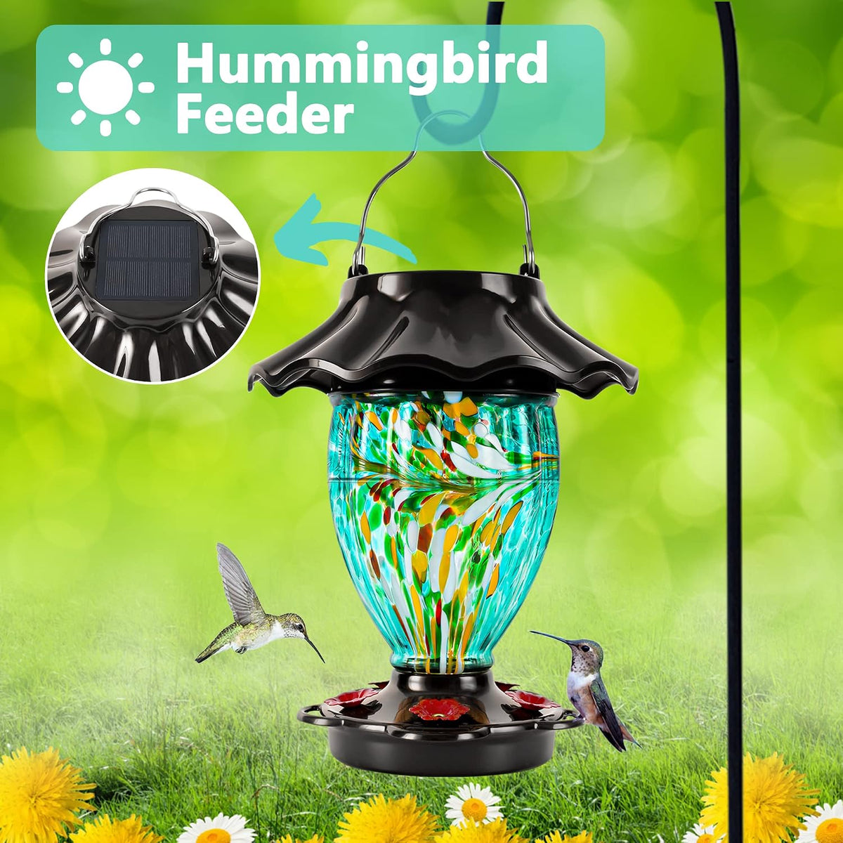 lujii solar powered color changing hummingbird feeder for, close-up detail