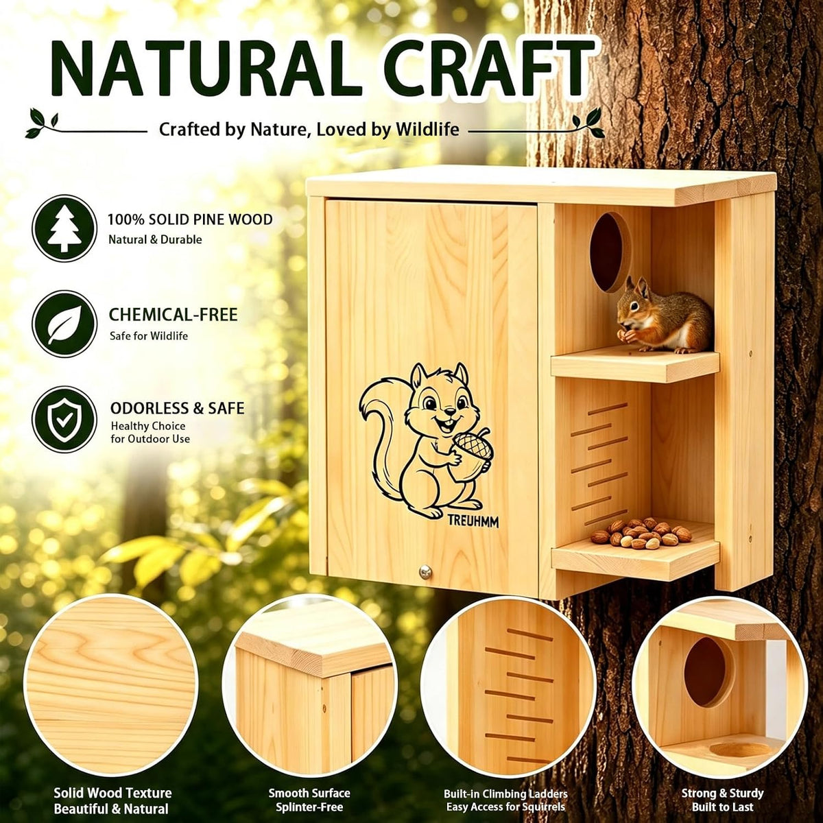 large wooden squirrel house for outside, 2-in-1 squirrel, close-up detail