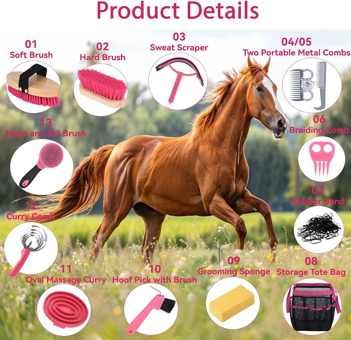 horse grooming kit 13 piece, horse brushes for shown in use