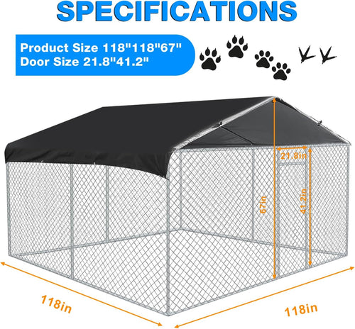 10x10 ft outdoor metal dog kennel with roof shown in use