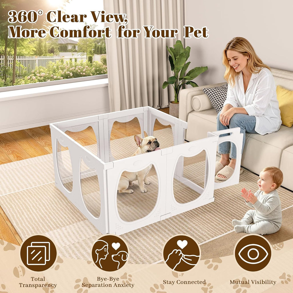 clear acrylic dog playpen indoor with toy &, close-up detail