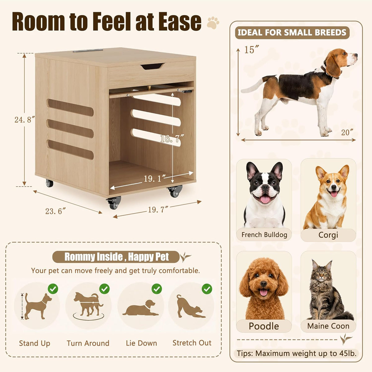 small dog crate furniture with flip-up glass door shown in use