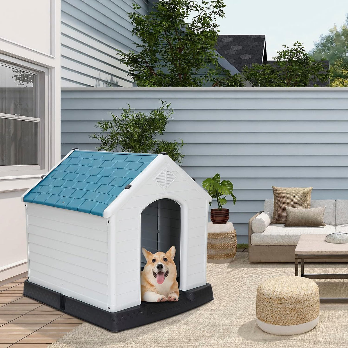 large plastic dog house indoor outdoor durable ventilate, front angle view
