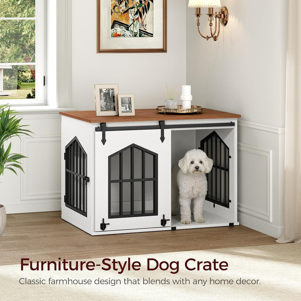 mahancris dog crate furniture, 31.5" farmhouse dog kennel, front angle view