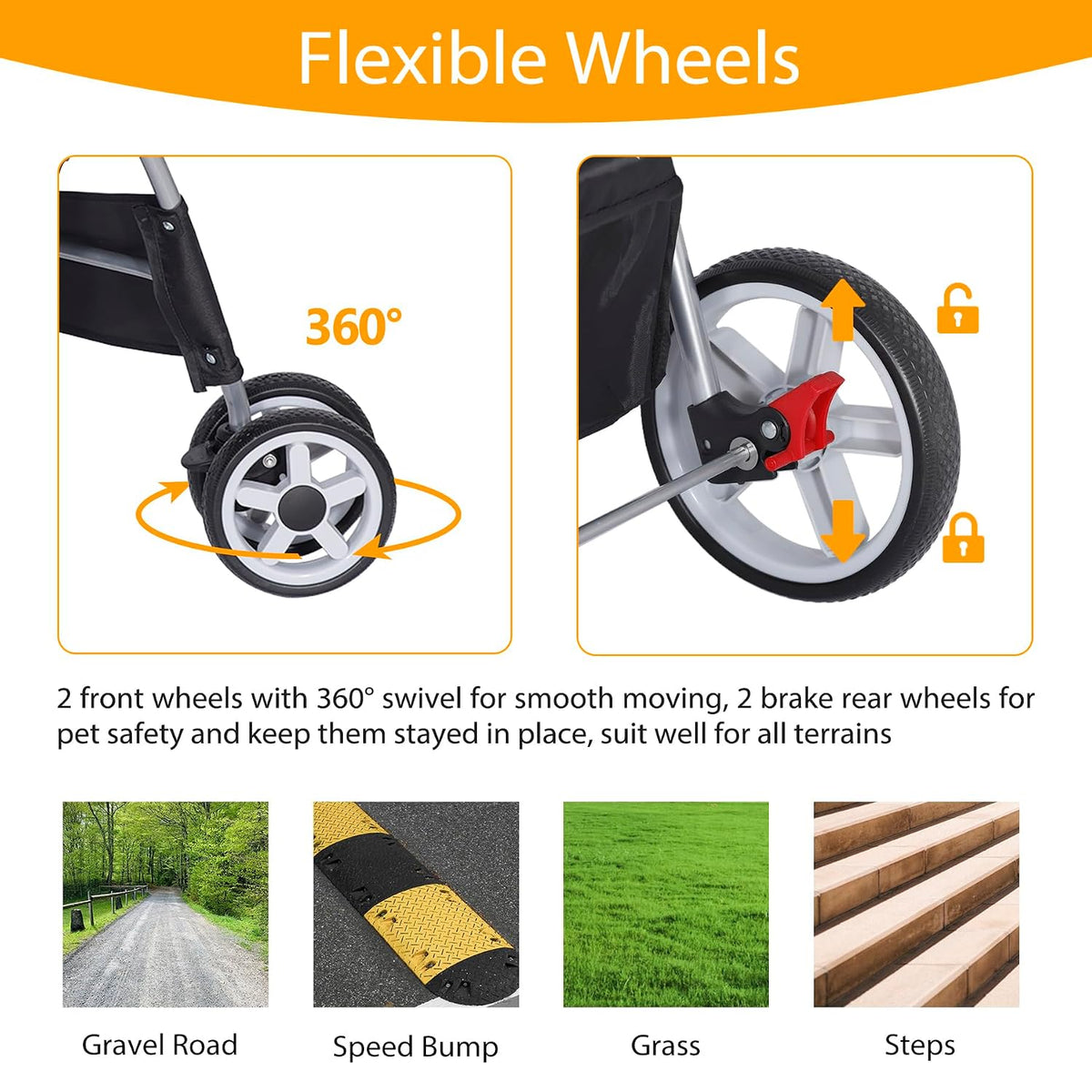 pet stroller for dogs, black 4 wheels cat, close-up detail