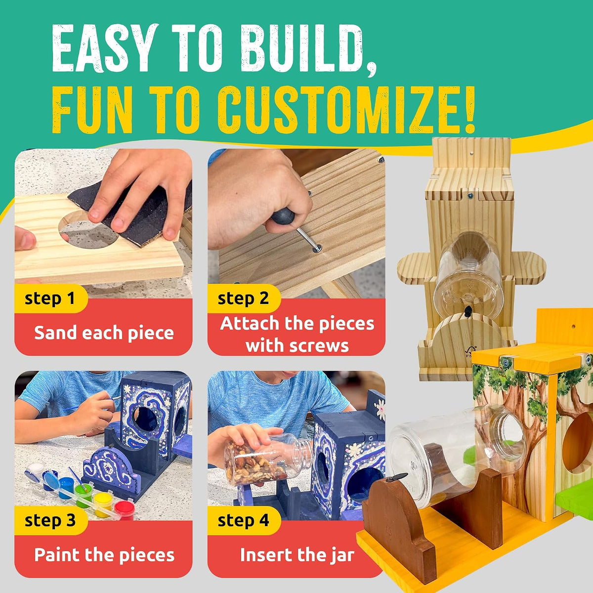sparkjump squirrel feeder kit for kids, easy diy showing dimensions