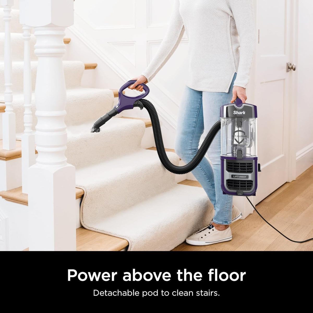 shark lift-away upright vacuum, powerfins, no hair wrap showing dimensions