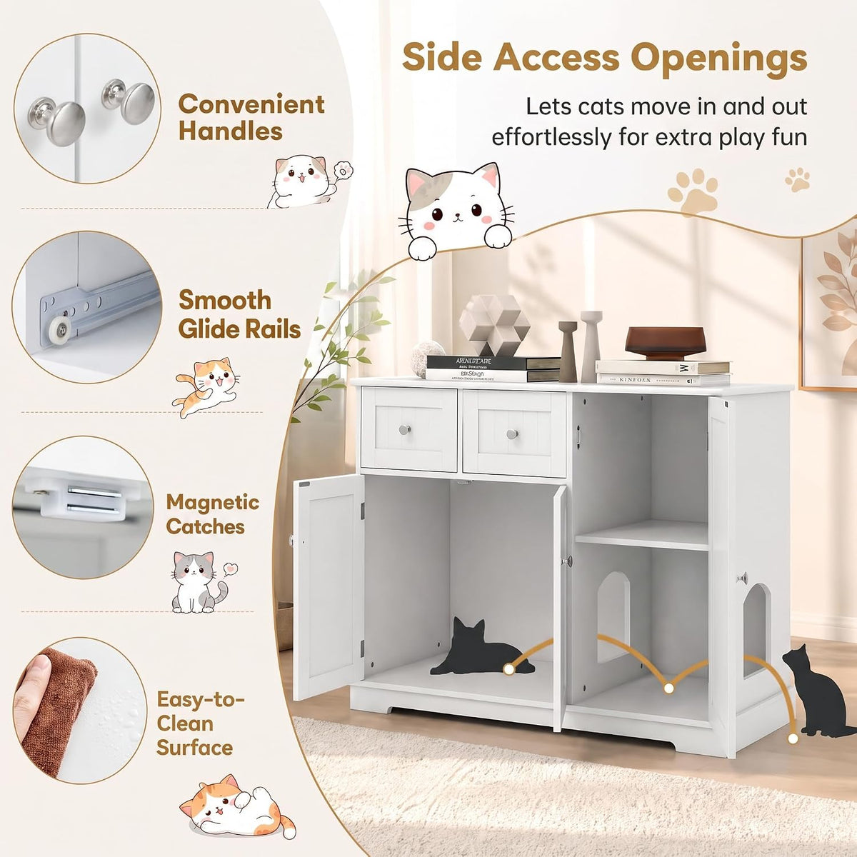 petsite white cat litter box enclosure, modern hidden showing dimensions