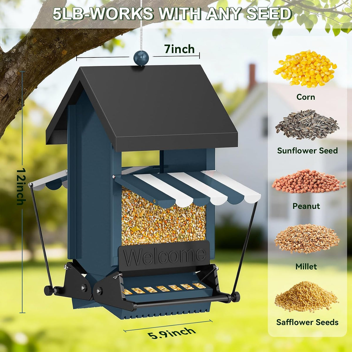squirrel proof metal hanging bird feeder for outdoors, side view