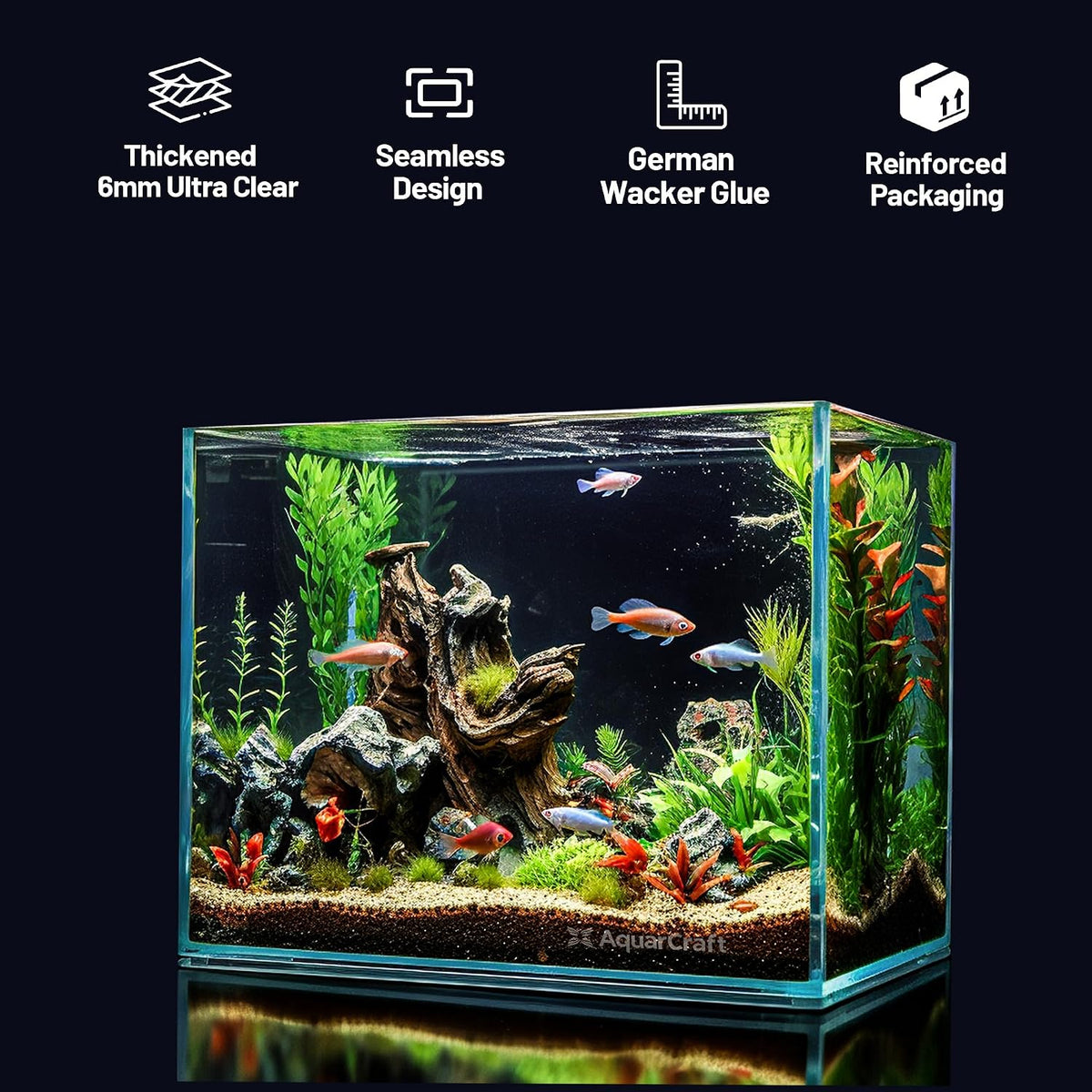 10 gallon rimless aquarium, ultra clear low iron, close-up detail