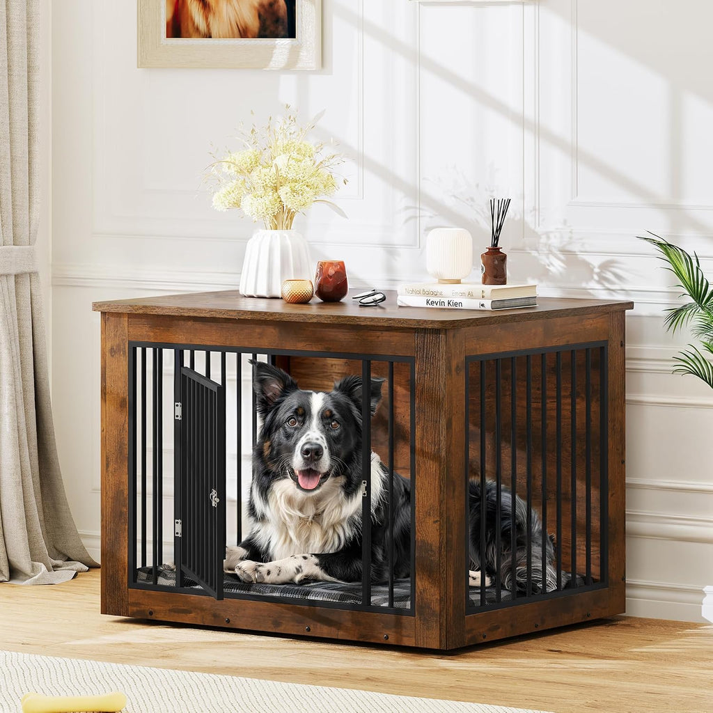 yitahome 38" dog crate furniture 2-in-1 iron-wood fusion on a desk or shelf