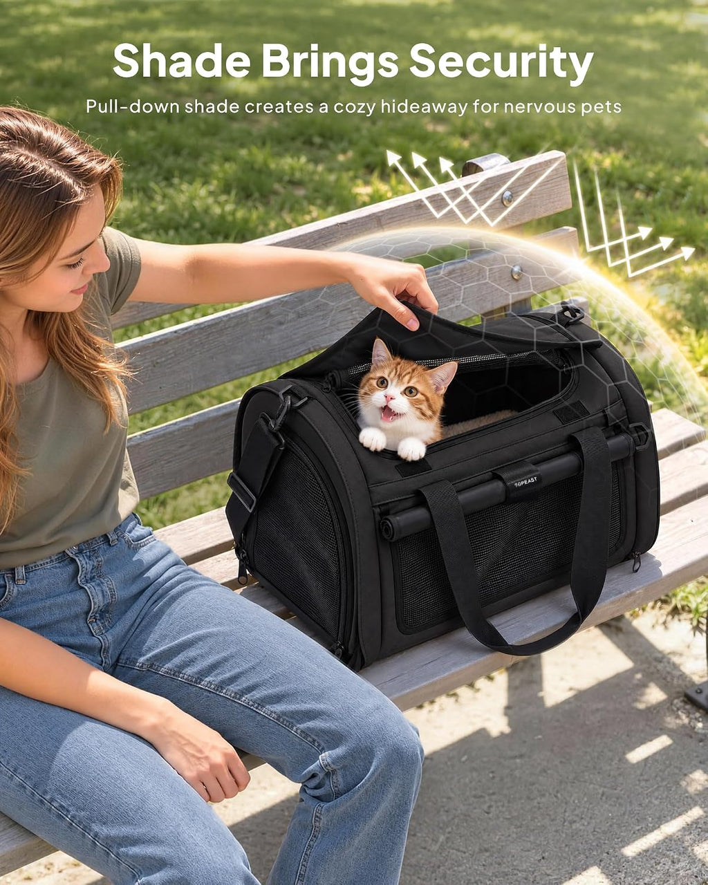 backpackable cat carrier 17"x11"x11", soft-sided collapsible pet carrier, front angle view