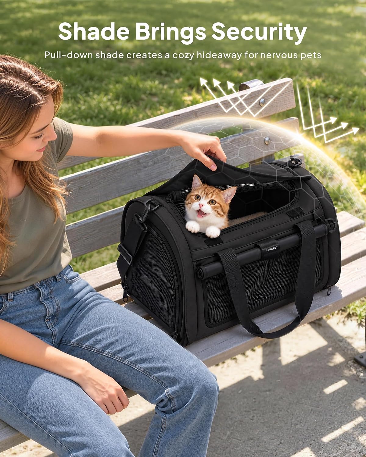 backpackable cat carrier 17"x11"x11", soft-sided collapsible pet carrier, front angle view