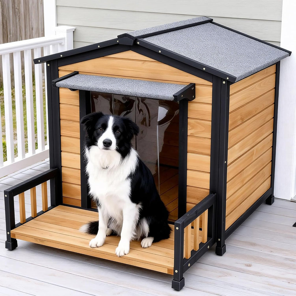 large dog house outdoor, wood weatherproof shelter with, front angle view