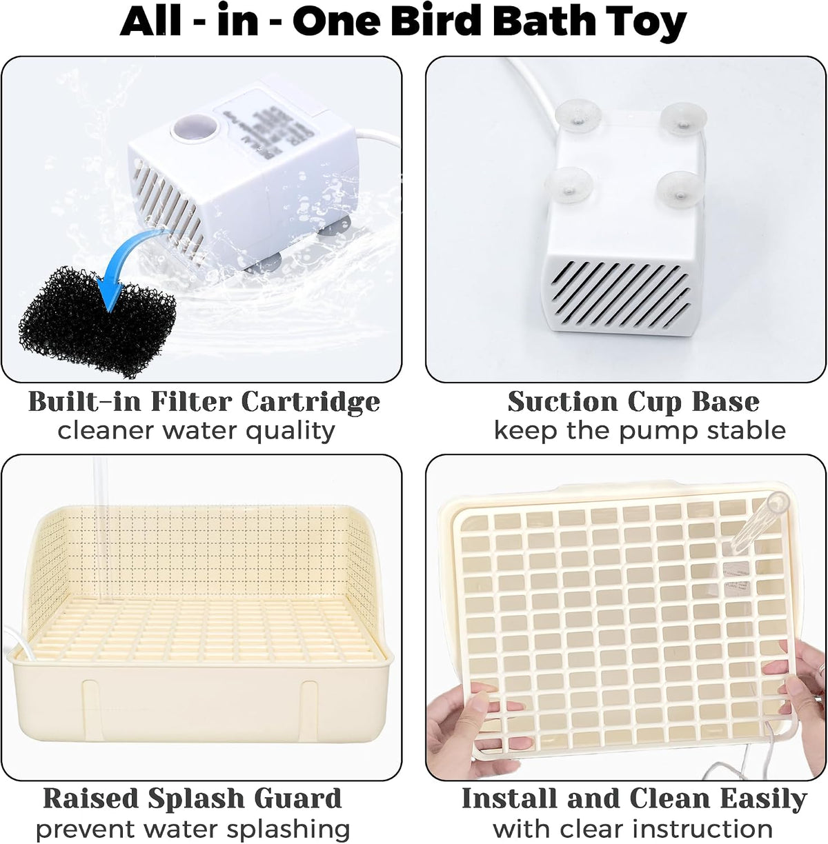 automatic parakeet bird bath with pump, large bird showing dimensions