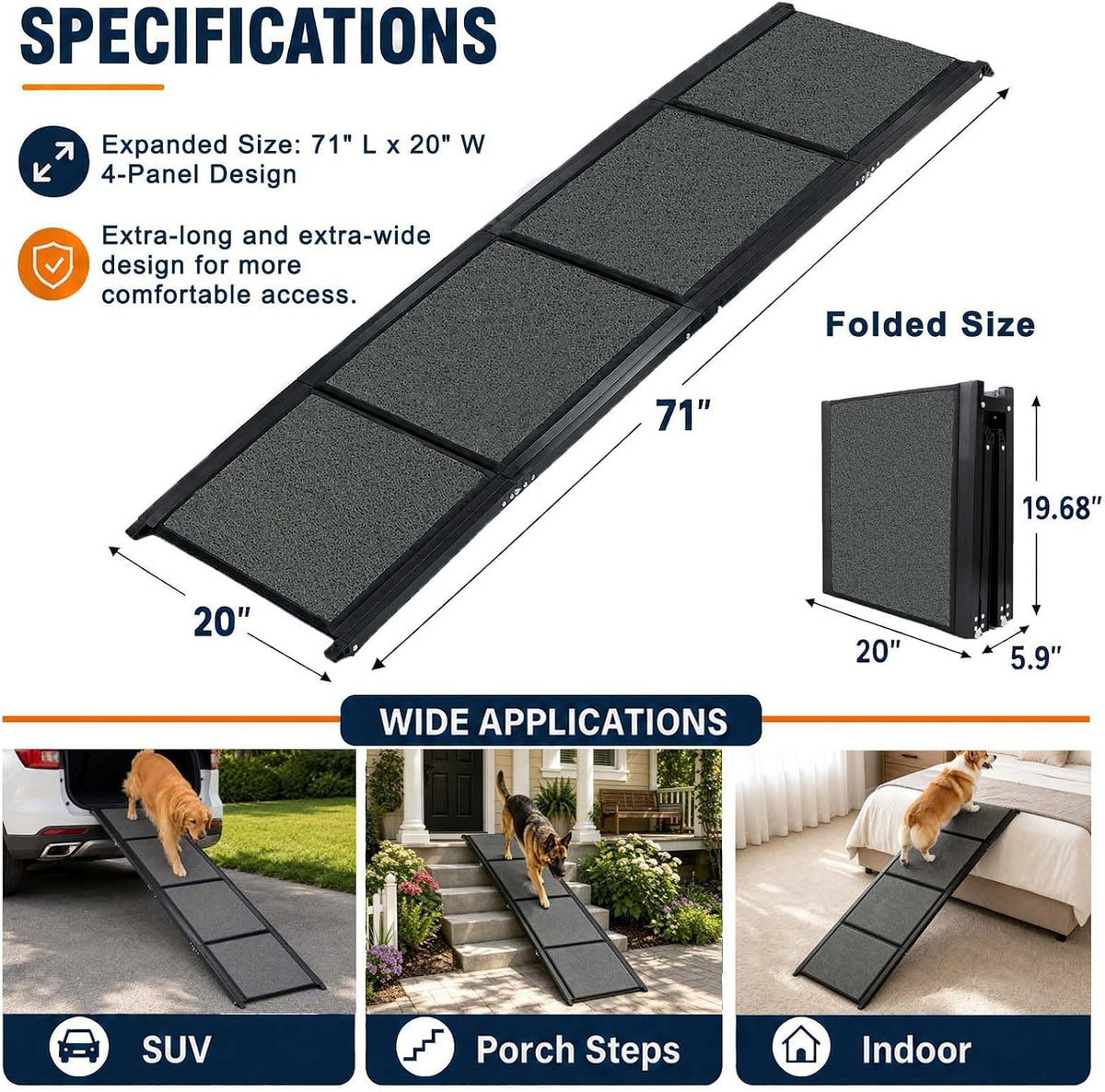 dog ramp for car, 71 x 20 in shown in use