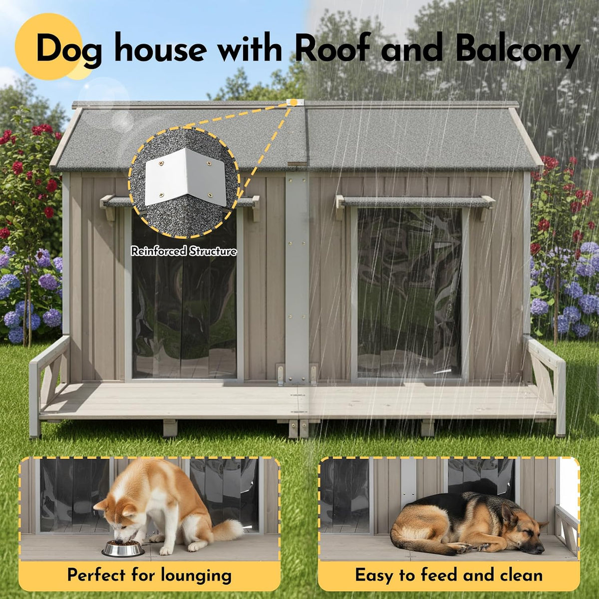 59''l extra large dog house with 2 doors shown in use