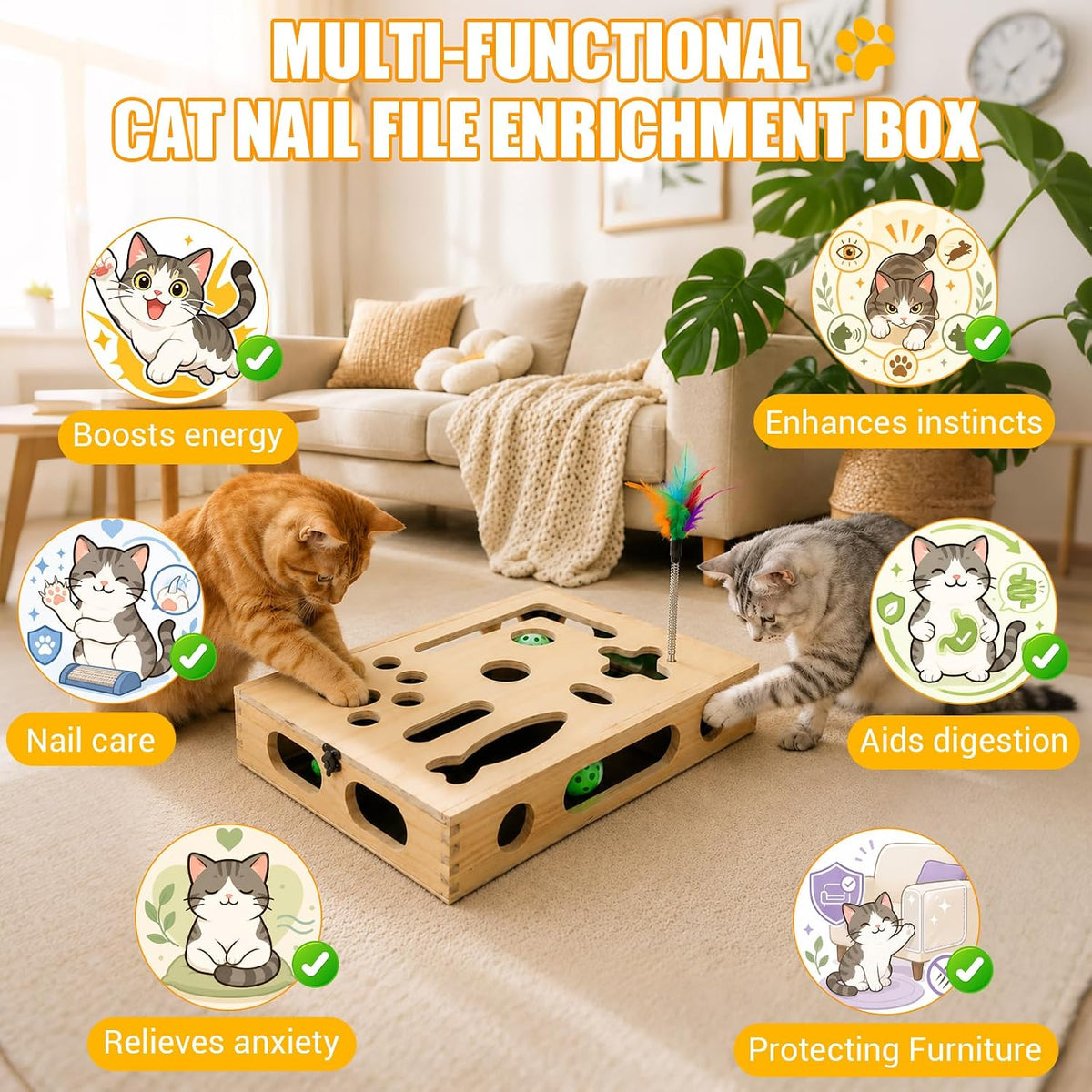 large cat nail file box, sturdy wood cat, side view