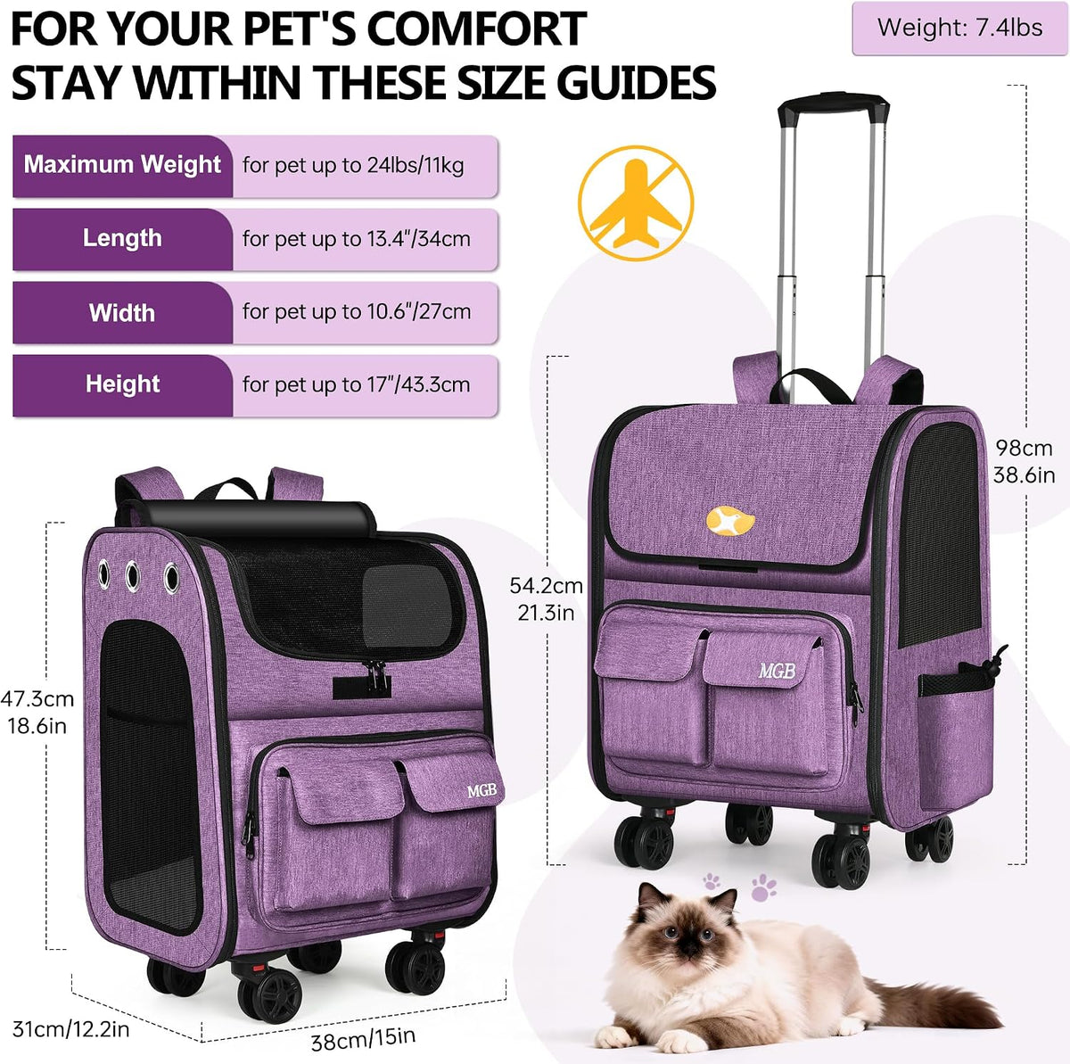 mgb rolling cat carrier with wheels, pet carrier, close-up detail