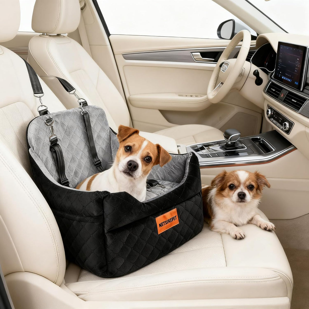 elevated dog booster car seat for medium/small dogs shown in use