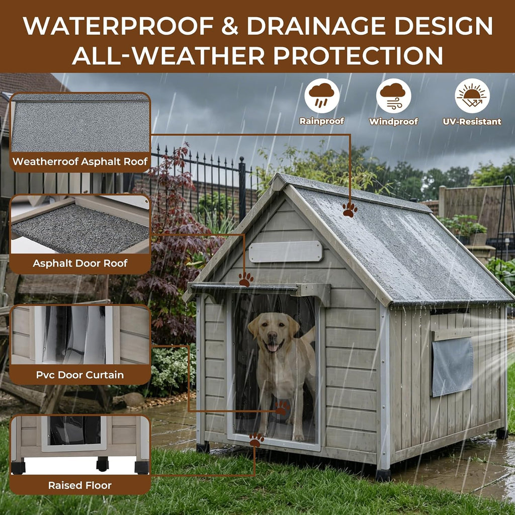 weatherproof wooden dog house outdoor for medium‑large dogs, side view