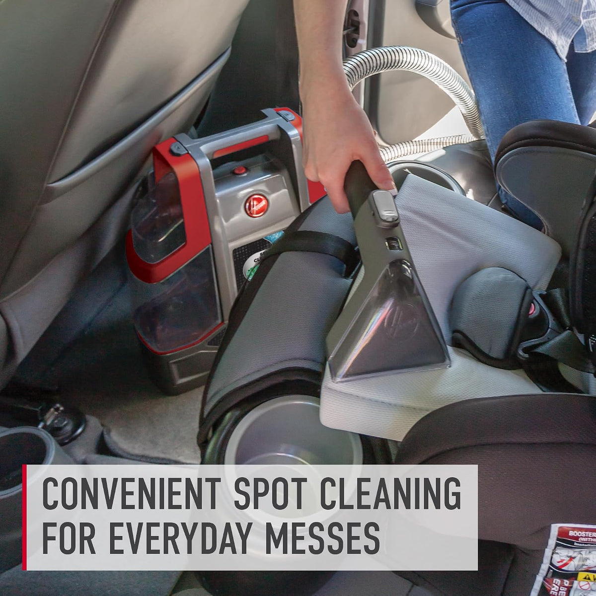 hoover spotless portable carpet + upholstery spot cleaner shown in use