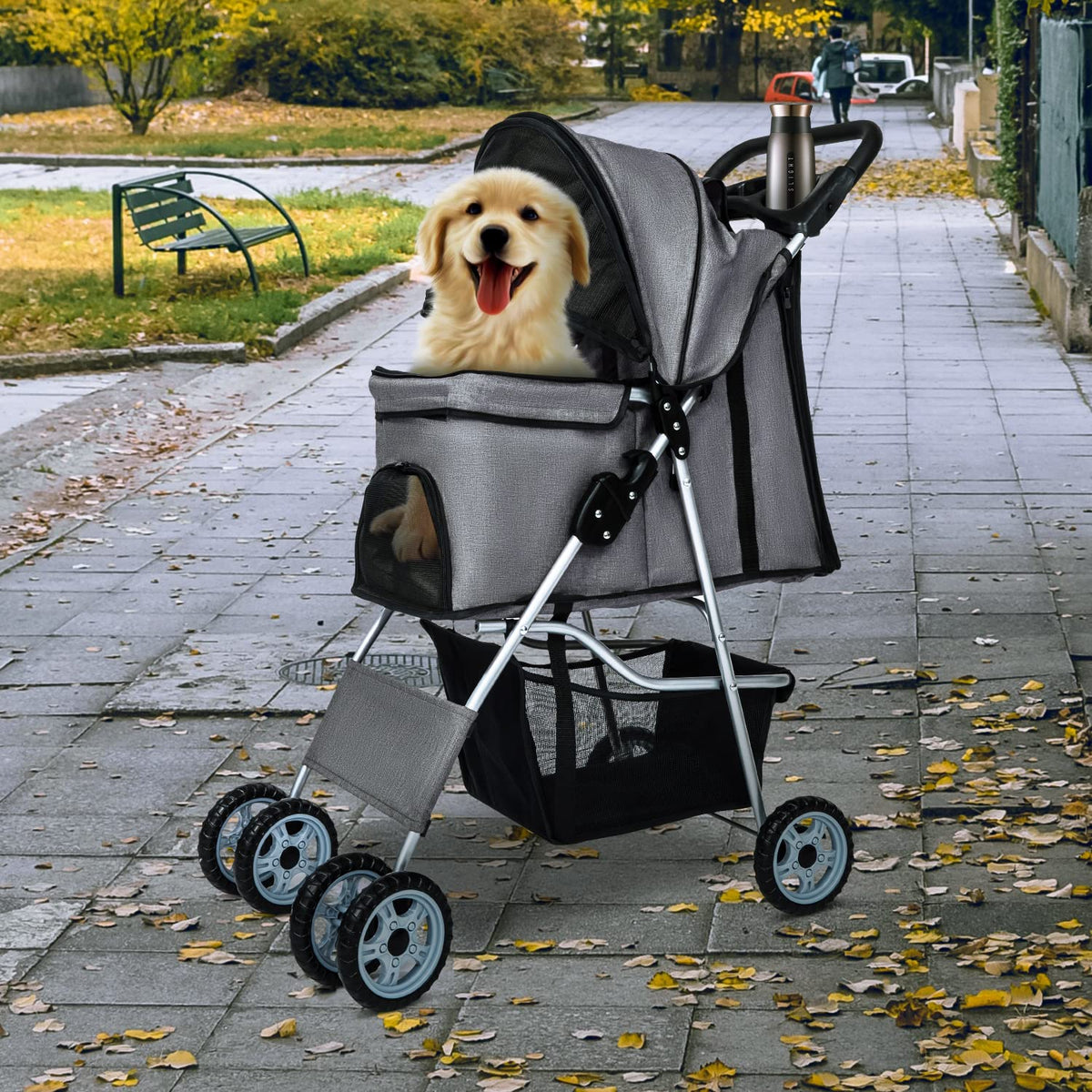 bestpet | 4-wheel foldable pet stroller | grey shown in use