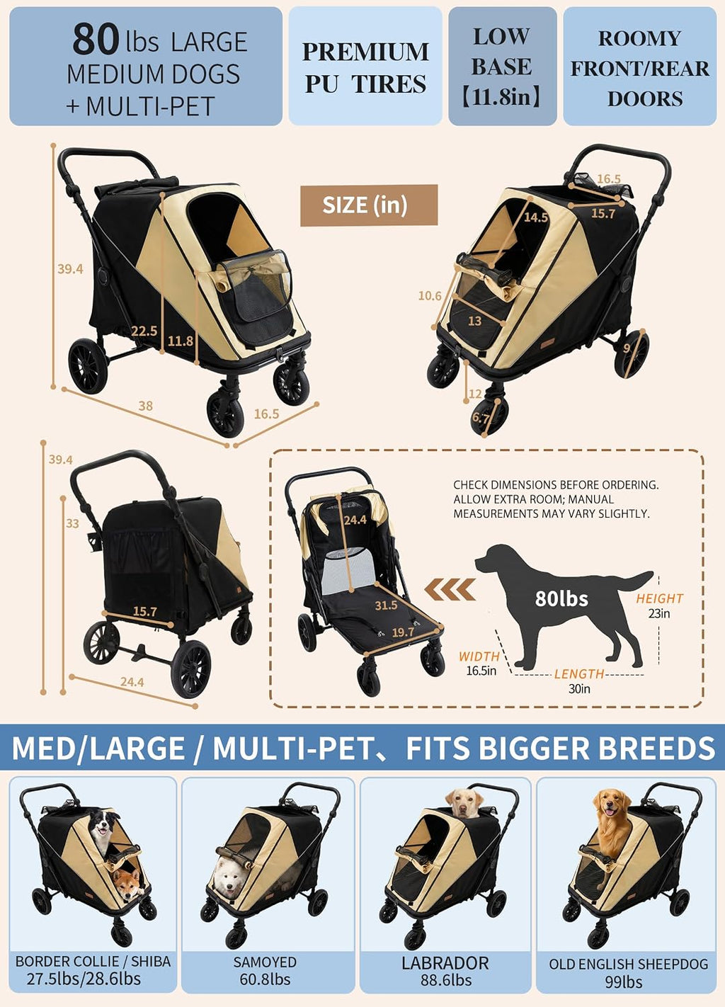 dog stroller for large & 2 dogs, one-click, close-up detail