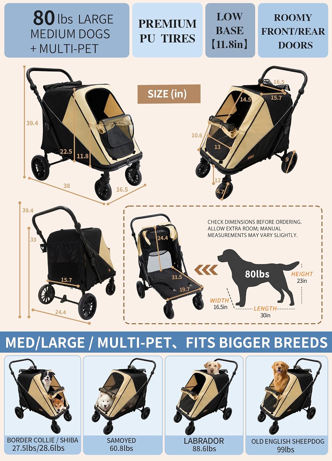 dog stroller for large & 2 dogs, one-click, close-up detail