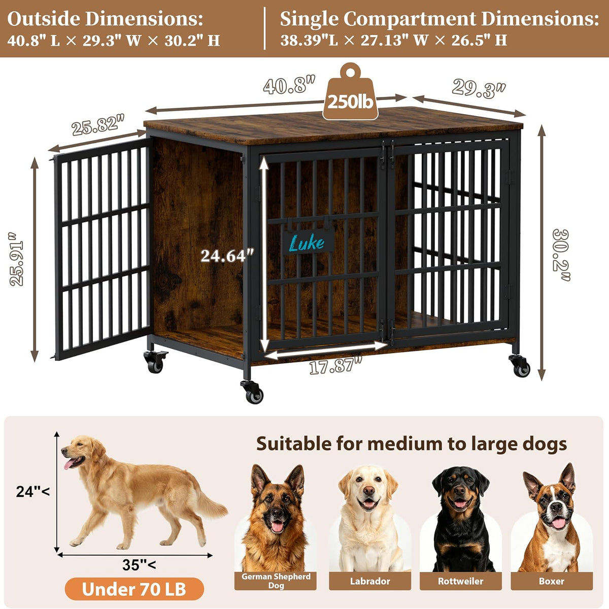 easycom 41in heavy duty dog crate with personalized, front angle view