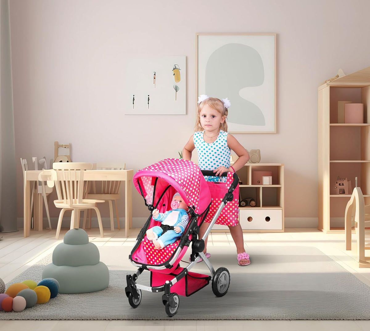 fash n kolor foldable pram for baby doll, side view