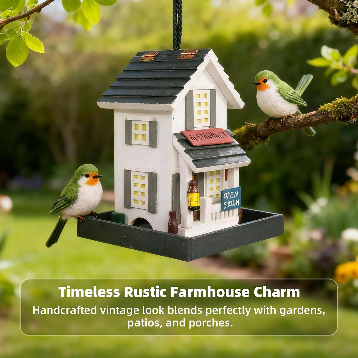 mewang nature's elegance bird feeder - wooden bird shown in use