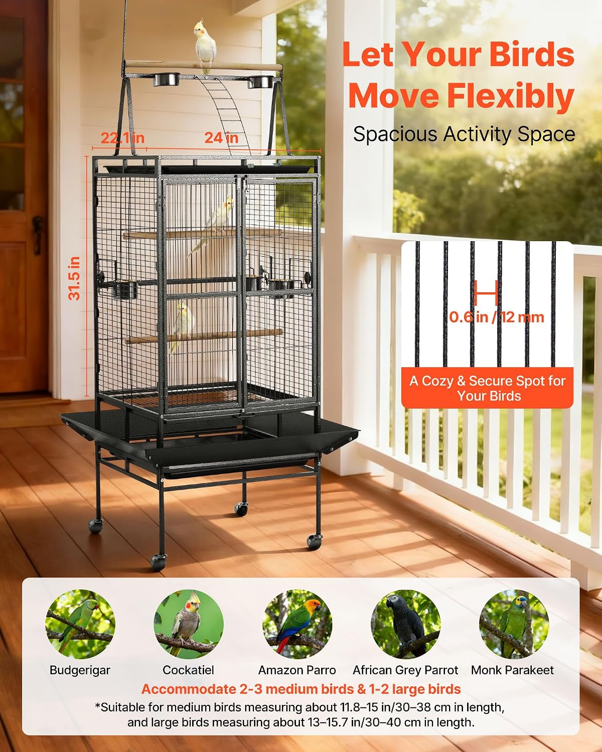 vevor bird cage, 32.7 x 31.1 x 82.7 shown in use