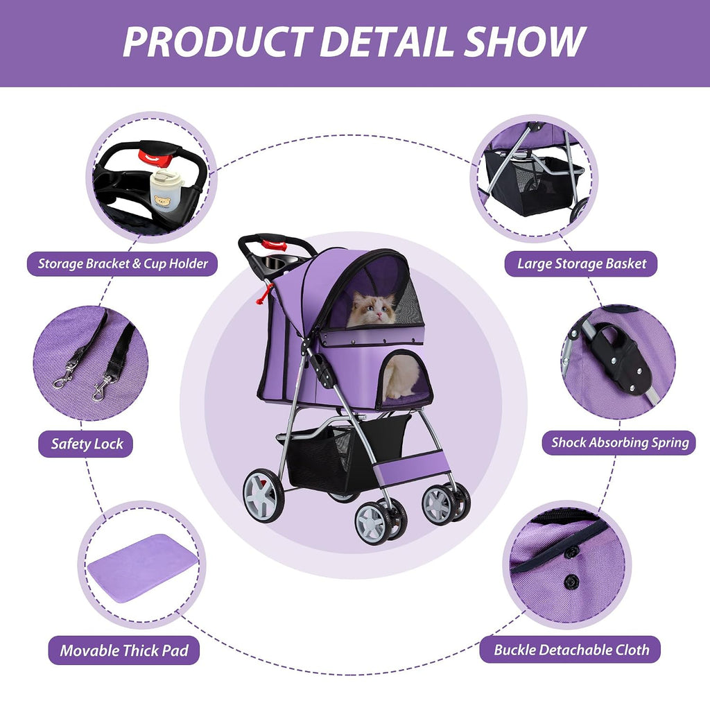 unisakey foldable 4-wheel pet stroller for dogs cats showing dimensions