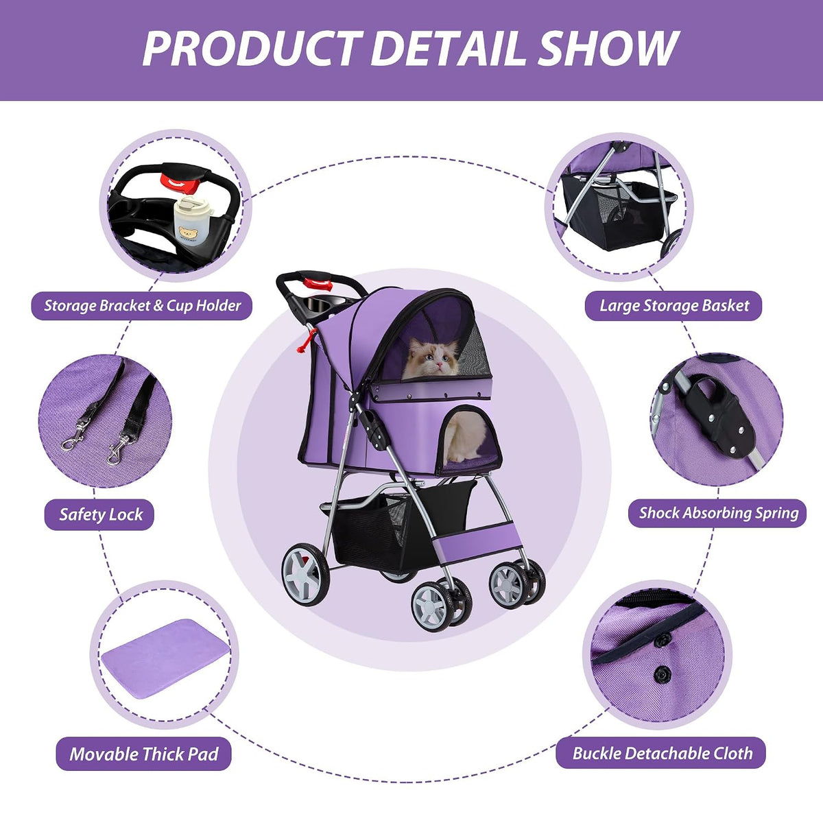 unisakey foldable 4-wheel pet stroller for dogs cats showing dimensions