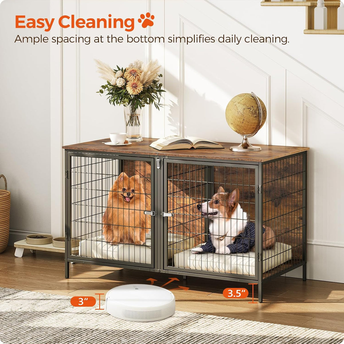 mahancris dog crate furniture for 2 dogs, 43.3", front angle view
