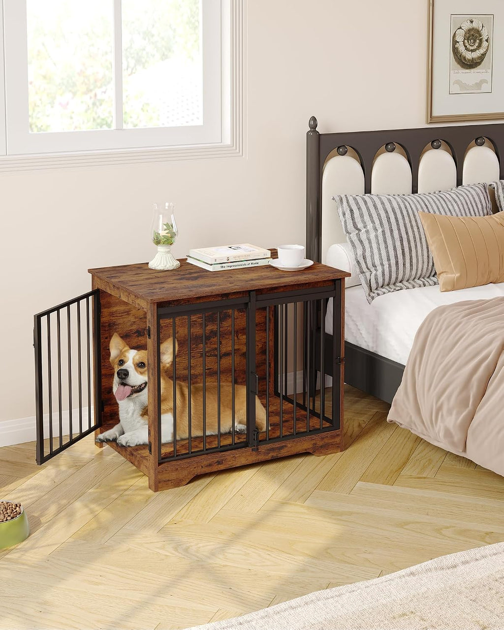 hzuaneri 31.9 in m dog crate furniture indoor showing dimensions