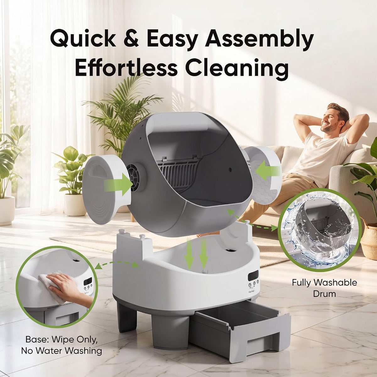 gunji auto-cleaning litter box – 10l, plug & showing dimensions