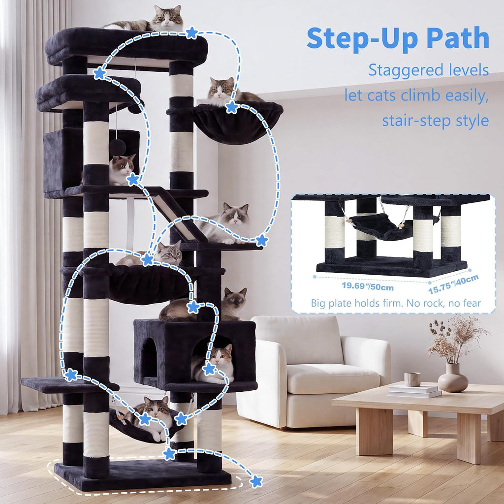 heybly cat tree, 71-inch-tall tower for indoor cats, front angle view