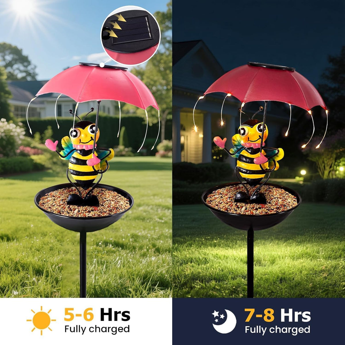 solar bird feeders for outdoors, bee garden decor showing dimensions