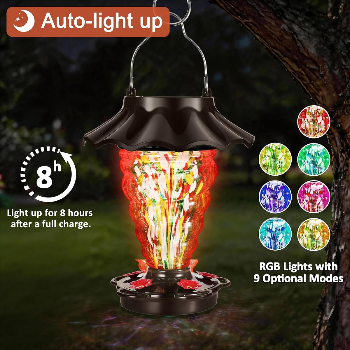 lujii solar hummingbird feeder for outdoor hanging, rgb, close-up detail
