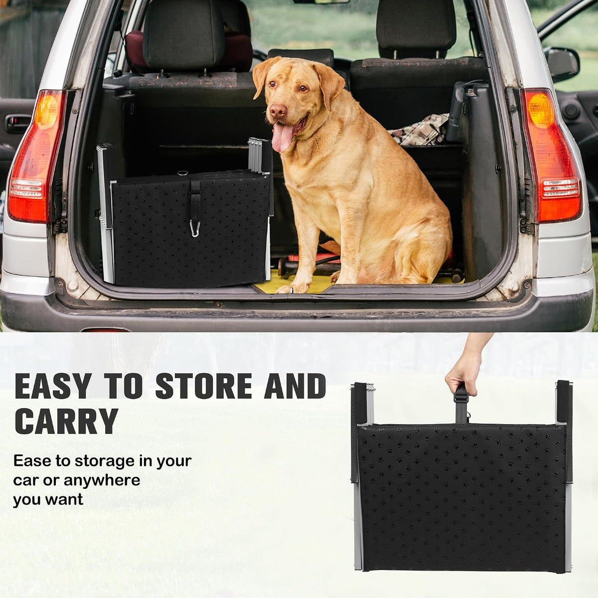 foldable dog stairs for car,17" extra wide pet showing dimensions