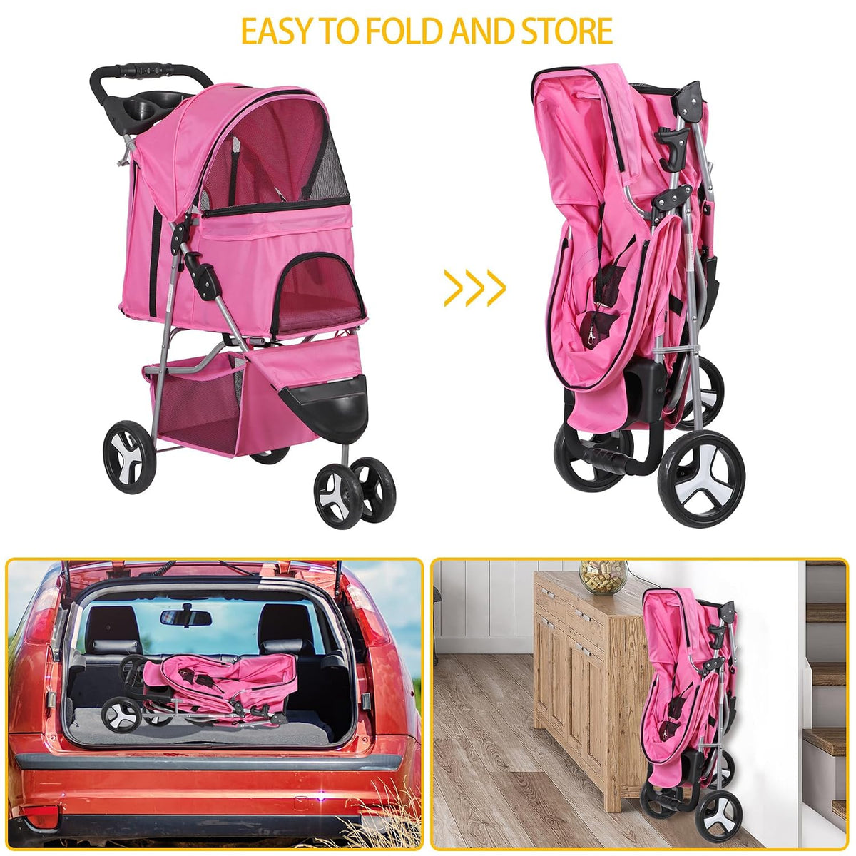 lemy foldable pet stroller,3 wheels cat/dog stroller with showing dimensions