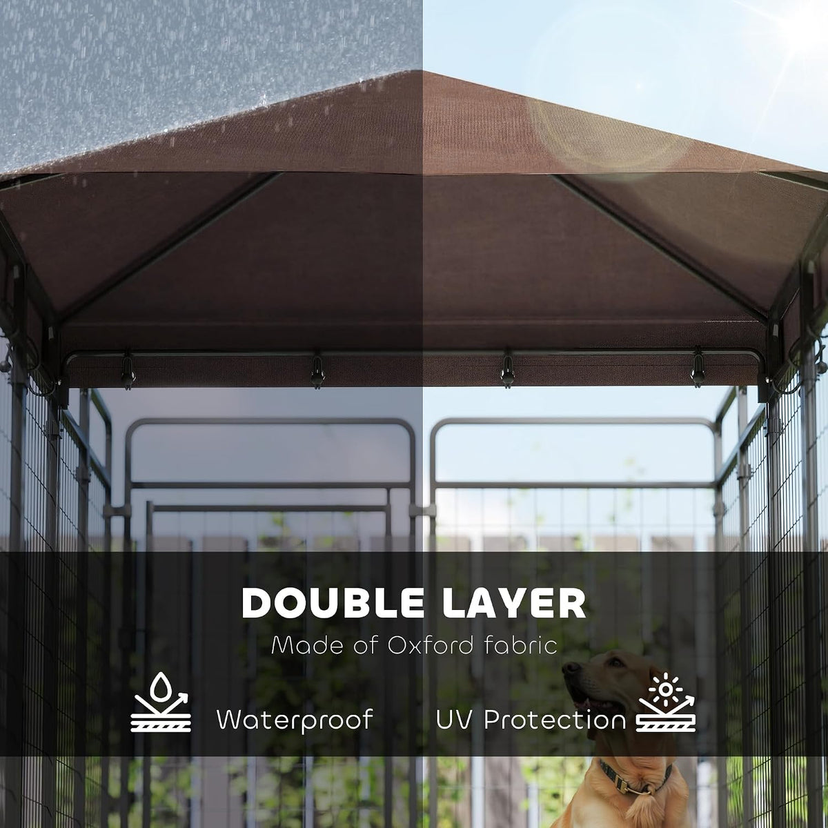 pawhut dog kennel outdoor with waterproof canopy, dog showing dimensions