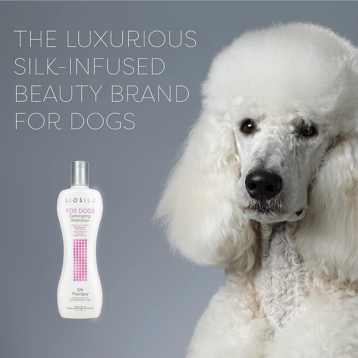 biosilk for dogs silk therapy detangling dog shampoo, side view